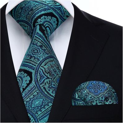 Hisdern Herren Krawatte & Einstecktuch Set Aqua - Seide, Paisley & Blumenmuster
