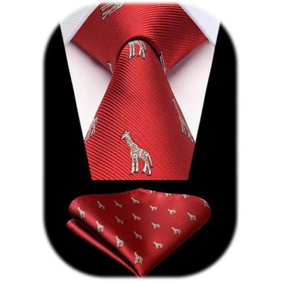 Hisdern Herren Krawatte und Einstecktuch Set Rot Tiermuster Klassisch Business