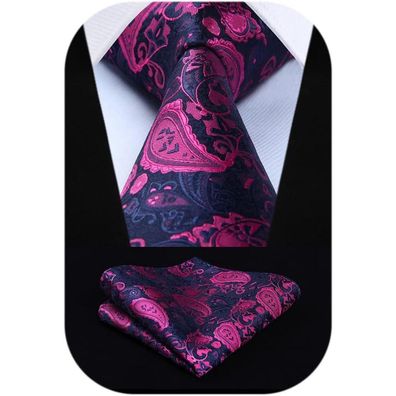 Hisdern Herren Krawatte & Einstecktuch Set - Rosa Paisley Blume Jacquard