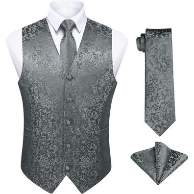 Enlision Herren Paisley Jacquard Weste Krawatte Einstecktuch Set Grau XXL