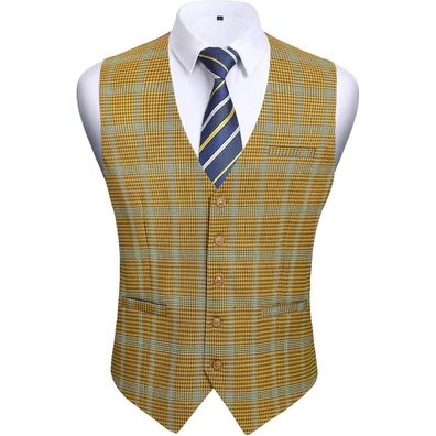 Hisdern Herren Karierte Anzugweste aus Baumwolle, Hahnentritt-Muster, Gelb, 3XL