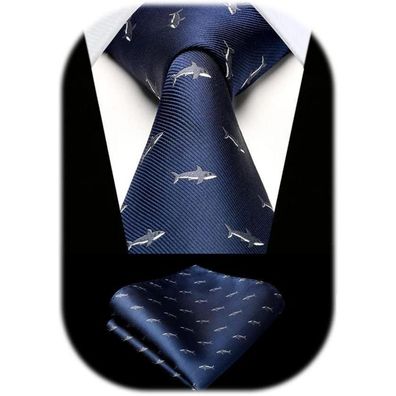 Hisdern Herren Krawatte und Einstecktuch Set - Marineblau / Haifisch Tiermuster