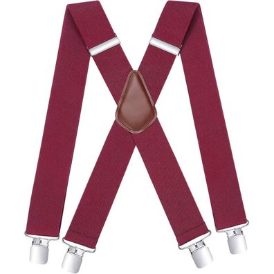 Hisdern Herren Hosenträger 5cm breit, X-Form, 4 starke Metall Clips, rot
