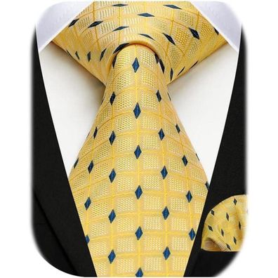 Hisdern Herren Krawatte & Einstecktuch Set - Elegant kariert, Gelb, für