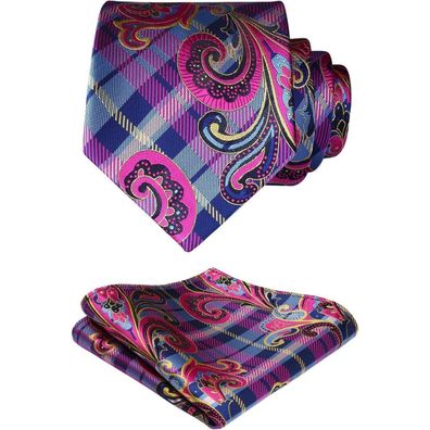 Hisdern Herren Krawatte und Einstecktuch Set, Paisley Blume Design, Pink, 100
