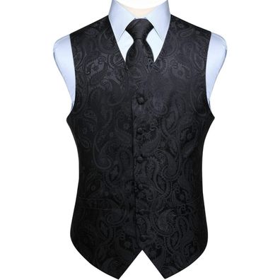 Enlision Herren Paisley Jacquard Weste Krawatte Einstecktuch Set - Schwarz XXL