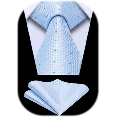 Enlision Herren Krawatte mit Einstecktuch Set - Hellblau kariert, formell