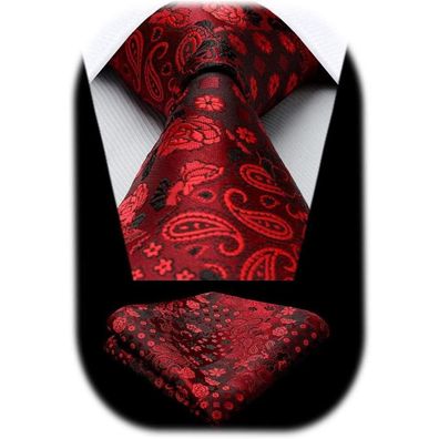 Hisdern Herren Krawatte & Einstecktuch Set - Paisley Blume Rot Schwarz, 100