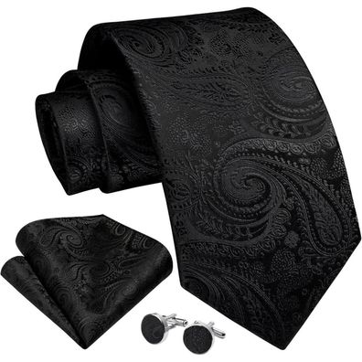 Enlision Herren Krawatten Set mit Einstecktuch und Manschettenknöpfen - Paisley