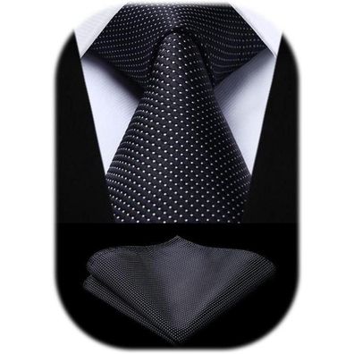 Hisdern Herren Krawatte & Einstecktuch Set Kariert Elegant Klassisch Schwarz-2