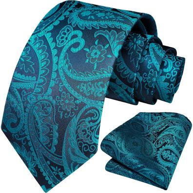 Hisdern Herren Krawatte und Einstecktuch Set - Seide Jacquard Paisley Blume