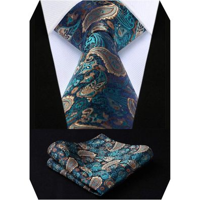 Hisdern Herren Krawatte & Einstecktuch Set - Seide, Grün Gold Paisley Blumen