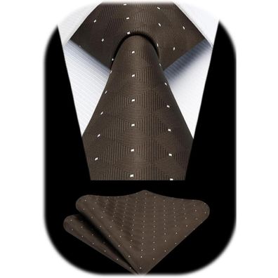 Enlision Herren Krawatten Set Braun Plaid Krawatte mit Einstecktuch für