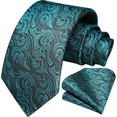 Hisdern Herren Krawatte & Einstecktuch Set - Seide Jacquard Paisley Blume Teal