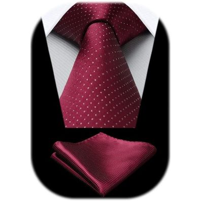 Hisdern Krawatten & Einstecktuch Set für Herren - Elegant Gepunktet, Dunkelrot