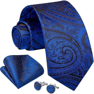 Enlision Herren Krawatten Set Paisley Blau/Schwarz - Krawatte, Einstecktuch