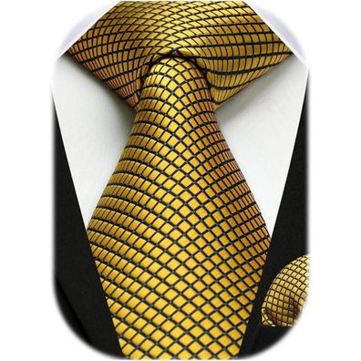 Hisdern Herren Krawatte & Einstecktuch Set kariert Elegant Klassisch Gold-2