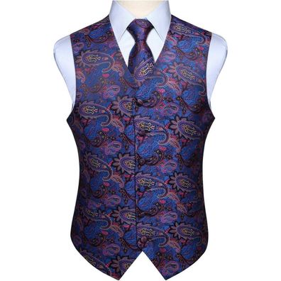 Enlision Herren Paisley Floral Jacquard Weste Krawatte Einstecktuch Set Blau