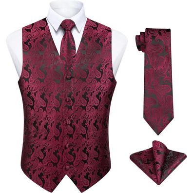 Enlision Herren Paisley Jacquard Weste Krawatte Einstecktuch Set Bordeaux Rot