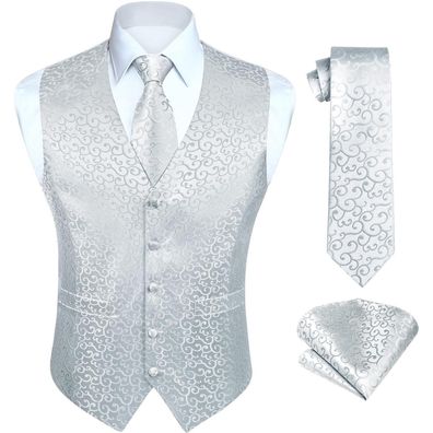 Enlision Herren Anzugweste Set mit Paisley-Krawatte und Einstecktuch, Weiß-1