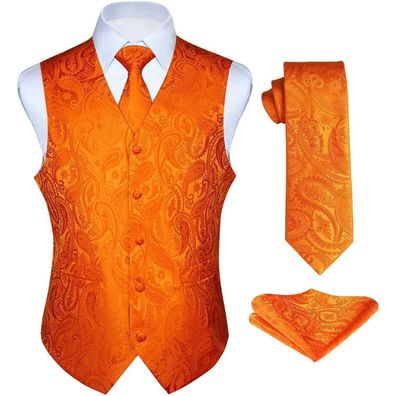 Enlision Herren Anzugweste Set mit Paisley Krawatte und Einstecktuch, Orange