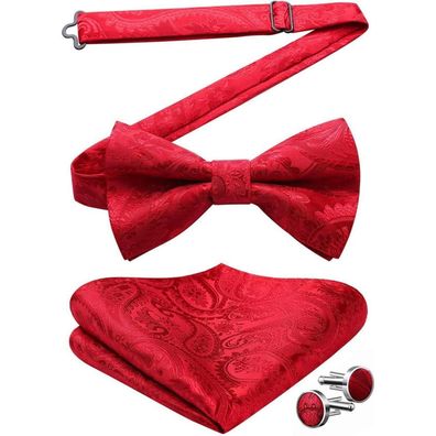 Hisdern Herren Paisley Fliege Einstecktuch Manschettenknöpfe Set - Rot