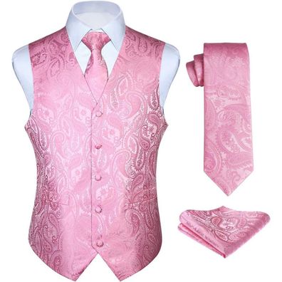 Enlision Herren Anzugweste Set mit Paisley Krawatte und Einstecktuch, Rosa, XL