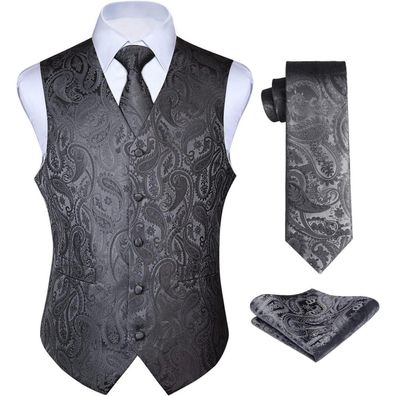 Enlision Herren Anzugweste Set Grau Paisley Floral Jacquard mit Krawatte und