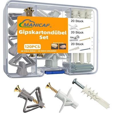 Manicaf Gipskartondübel Set, 120 Stück Hohlraumdübel mit Schrauben für
