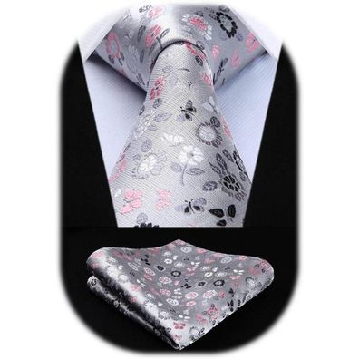 Hisdern Herren Krawatte und Einstecktuch Set, Seide, floral, für Hochzeit