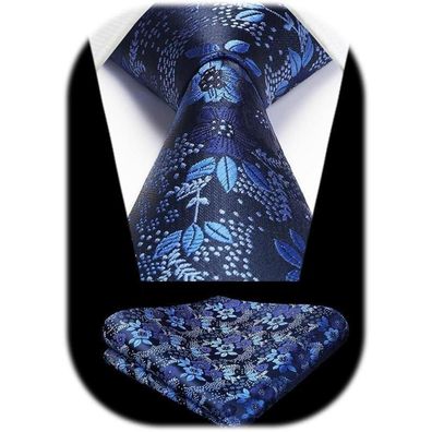 Hisdern Herren Krawatte und Einstecktuch Set aus Seide, floral, dunkelblau