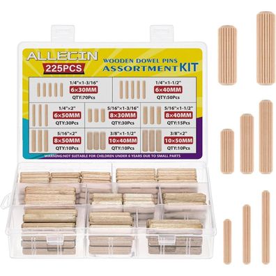 Allecin Holzdübel Set 8mm 6mm 10mm - 8 Größen Riffeldübel für Möbel & Heimwerken