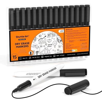 Shuttle Art Whiteboard Marker schwarz, 15er Set, magnetisch, trocken