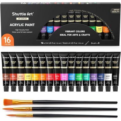 Shuttle Art Acrylfarben Set, 16 x 12ml Tuben, Künstlerqualität, ungiftig