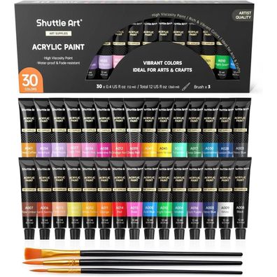 Shuttle Art Acrylfarben Set, 30 Farben (je 12 ml) wasserfest mit 3 Pinseln, für