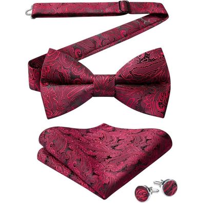 Hisdern Herren Paisley Fliege, Einstecktuch und Manschettenknöpfe Set