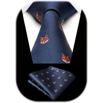Hisdern Herren Krawatte & Einstecktuch Set Marine Blue-Fox Tiermuster für
