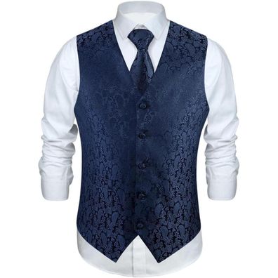 Enlision Herren Anzugweste Set mit Paisley-Krawatte und Einstecktuch, Marine-1