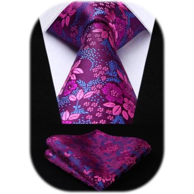 Hisdern Krawatte & Einstecktuch Set für Herren, Seide, floral, violett/blau