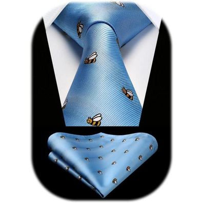 Hisdern Herren Krawatte & Einstecktuch Set mit Biene Muster in Blau - Perfekt
