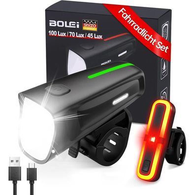 BOLEi LED Fahrradlicht Set 100 LUX, StVZO Zugelassen, USB Aufladbar, IPX5