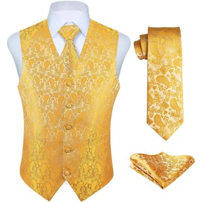 Enlision Herren Anzugweste Set mit Paisley Krawatte und Einstecktuch in Gelb
