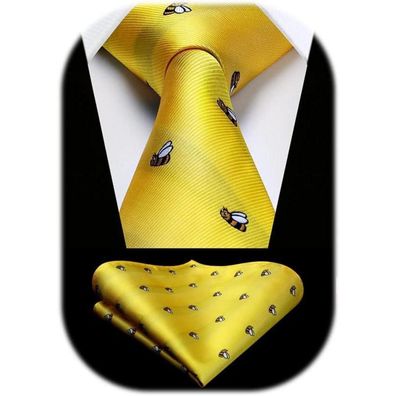 Hisdern Herren Krawatte & Einstecktuch Set - Gelb/Biene Tiermuster für Hochzeit