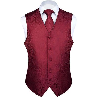Enlision Herren Anzugweste mit Paisley Krawatte und Einstecktuch Set, Rot, 3XL