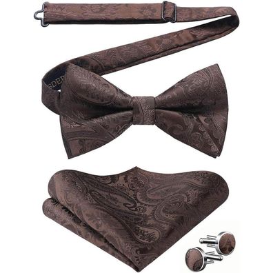Hisdern Herren Paisley Fliege, Einstecktuch und Manschettenknöpfe Set - Braun