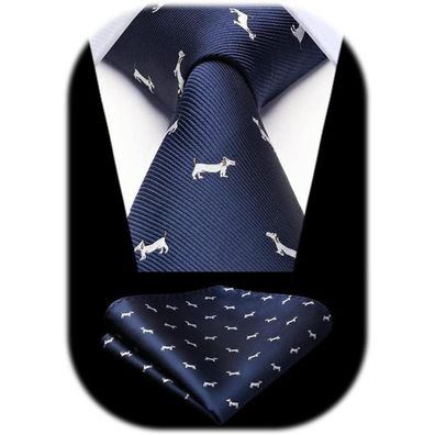 Hisdern Herren Krawatten & Einstecktuch Set Marine Blue-Dog-3 Tiermuster für