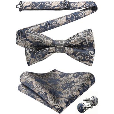 Hisdern Herren Paisley Fliege, Einstecktuch und Manschettenknöpfe Set
