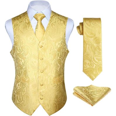 Enlision Herren Anzugweste Set mit Paisley Krawatte und Einstecktuch, Gelb