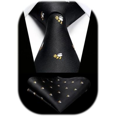 Hisdern Herren Krawatte & Einstecktuch Set - Biene Muster, Schwarz, Hochzeit