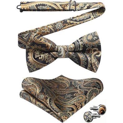 Hisdern Herren Paisley Fliege, Einstecktuch und Manschettenknöpfe Set - Gold